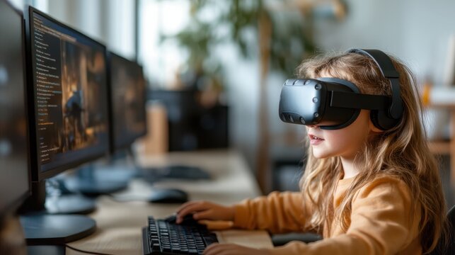 A young girl in VR headset immerses herself in a digital world, highlighting the intersection of technology, play, and the future of interactive entertainment.