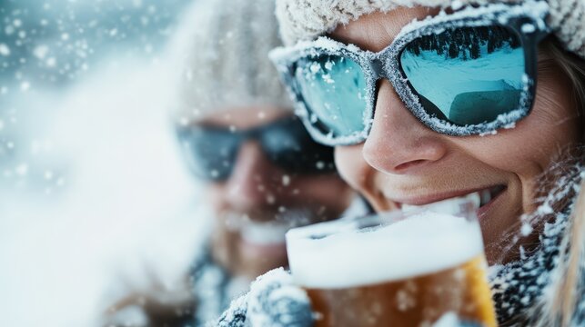 Two friends clad in winter attire celebrate with frosty beers amidst falling snow, capturing camaraderie, joy, and the thrill of winter adventures and festivities.