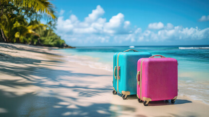 Bright colored travel suitcases placed against the backdrop tropical beach,turquoise waters palm trees,offering perfect travel adventure spirit,ideal vacation plans,banner,copy space,empty,mock up