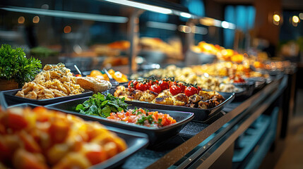 Buffet counter with vibrant assortment of warm main courses and side dishes including potatoes, cherry tomatoes, broccoli, meats, and vegetables, representing hearty lunch service