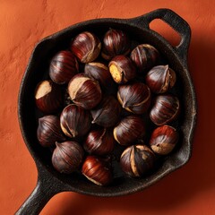 Obraz premium Roasted chestnuts in a cast iron pan on orange background