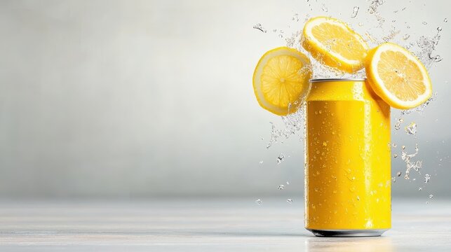 A vibrant image of a can of lemon soda surrounded by floating lemon slices and splashes of water, conveying freshness, energy, and a zest for life on a simple, textured backdrop.