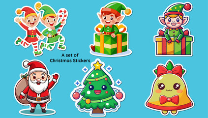 Cartoon Christmas Stickers Featuring Elves Santa Claus a Tree and a Bell on a Blue Background