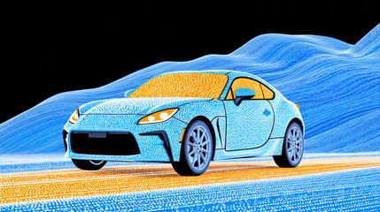Blue sports car driving on wavy road