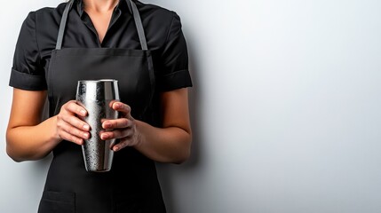 A professional bartender stands confidently holding a chilled cocktail shaker, embodying expertise and elegance in drink preparation with a sophisticated black apron.
