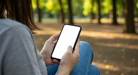 Person in jeans holding phone with white screen in park