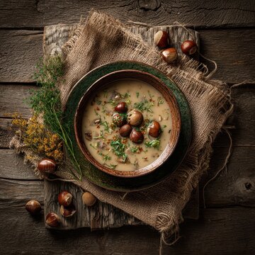 Creamy chestnut soup in bowl with raw chestnuts and fresh herbs