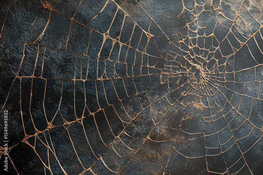 Poster a detailed close-up shot of a large spiderweb on a dark textured surface.