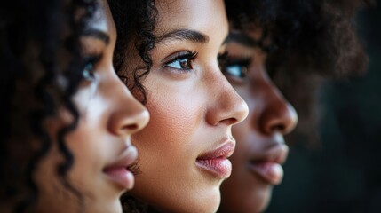Three women with curly hair standing in a row, facing forward, with a dark background.