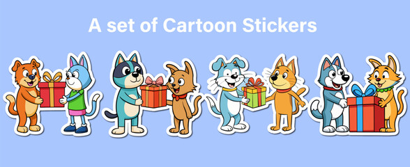 Cartoon Stickers Featuring Dogs and Cats Exchanging Gifts Set Against a Light Blue Background collection