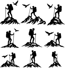 Obraz premium Hikers Silhouette Standing on Mountain Peak vector bundle
