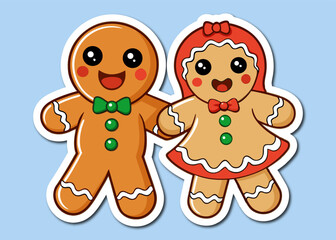 Cute Gingerbread Couple Sticker with Bow Ties and Cheerful Smiles on a Light Blue Background