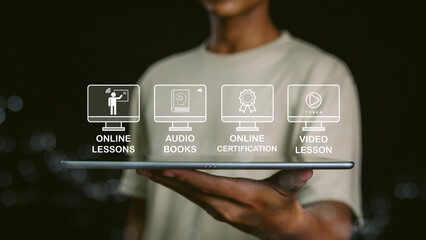 Online education and e-learning concepts. e-learning platforms, digital skill development. Modern...