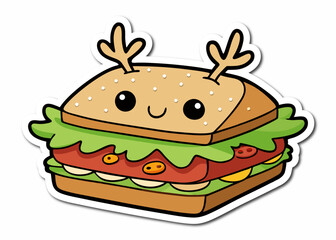 Adorable Cartoon Sandwich Sticker with Reindeer Antlers Smiling Face and Lettuce Tomato Cheese and Bread