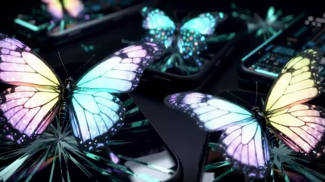 Cyber butterflies emerging from broken smartphone screens