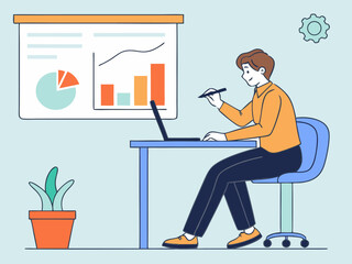 Office worker analyzing data with charts and laptop in clean flat workspace design