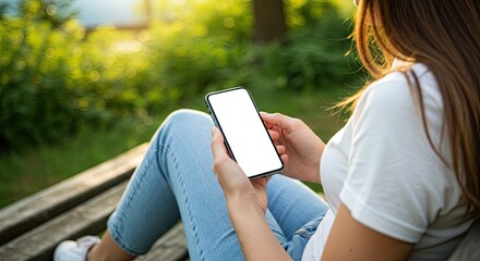 Woman on bench holds phone Blank screen Jeans white shirt park background