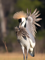 Fototapeta premium A sandhill crane fluffs its feathers, before setting them into perfect arrangement.