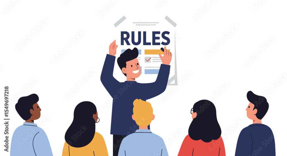 Poster team presentation concept with diverse group listening to rules explained vector illustration