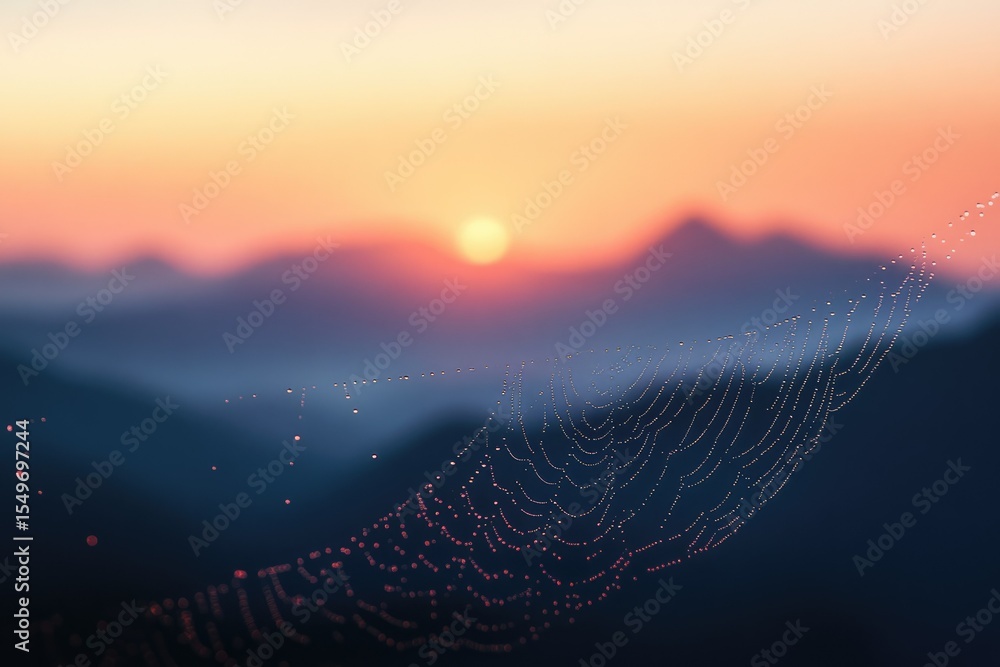 Poster a spiderweb adorned with dew drops stretches across a misty mountain range at sunrise, creating a se