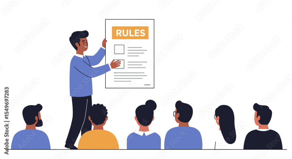 Poster team meeting with presentation on rules and guidelines for professional development vector illustrat