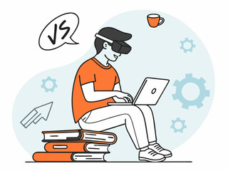 Tech enthusiast immersed in virtual reality coding session with books and digital tools