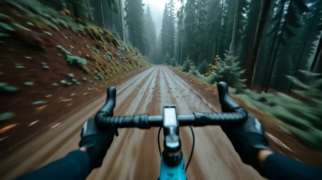 riding a gravel bike. gravel cyclist riding in a forest road, pov, mud on bike frame, handlebars and gloves