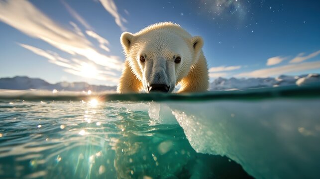 A curious polar bear peeks above crystal clear water, showcasing its natural curiosity and the stunning beauty of its icy habitat in the Arctic environment.