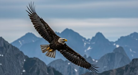 Obraz premium Bald eagle, Eagle, Bird, Majestic Bald Eagle in Flight Over Mountain Range