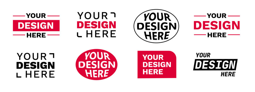 Collection of modern badge designs with bold typography featuring the text your design here.