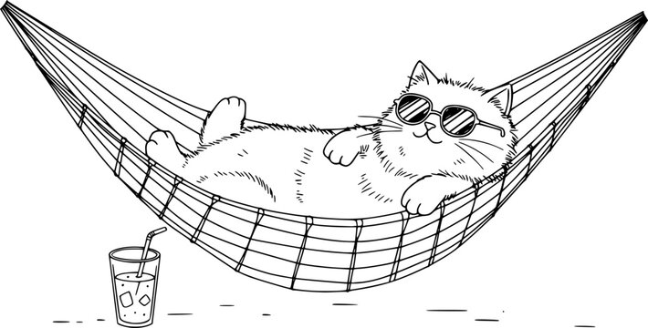 cat in hammock,sunglasses,cocktail drink,tropical,black and white,vector art
