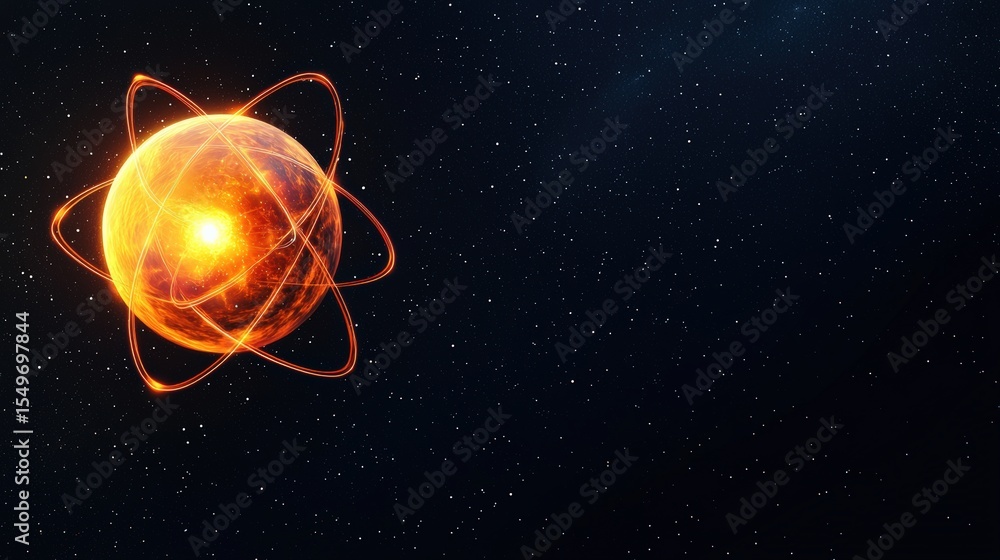 Poster quantum computing superposition concept. colorful atom representation in space against a starry back