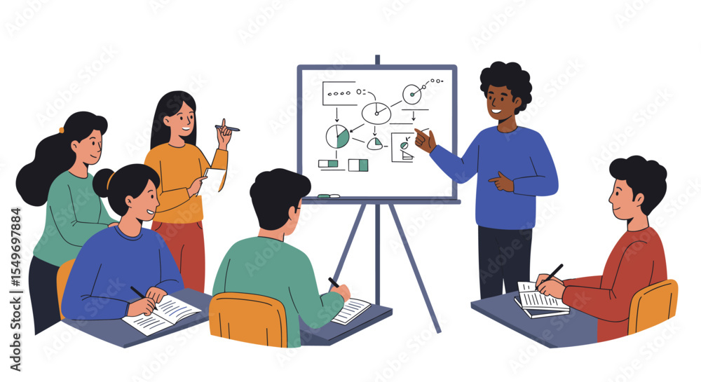 Poster collaborative team meeting for project planning and data analysis vector illustration