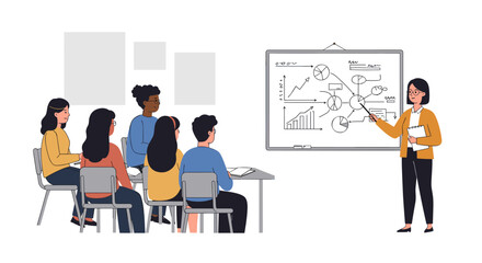 Fototapeta premium Business presentation with charts and graphs in a classroom setting for corporate training vector illustration