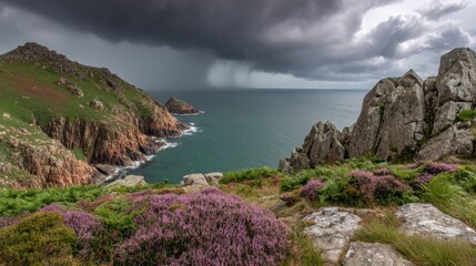 Fototapeta premium Dramatic cliff-top vista overlooking stormy ocean horizon