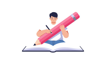 Creative writing concept with giant pencil and open book for learning and education vector illustration