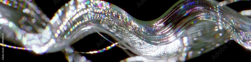 Poster abstract close up of a shiny iridescent ribbon with bokeh lights on a dark black background scene