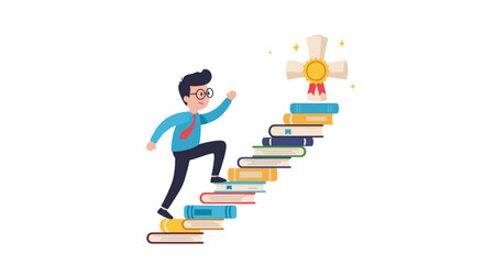 Achievement and success concept illustration with businessman climbing book staircase to golden trophy vector illustration
