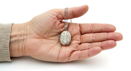 A hand holds a silver locket on a chain against a white backdrop