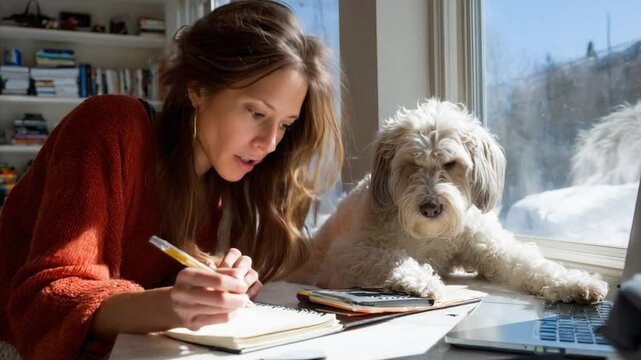Serene Writer: A woman engrossed in her work, accompanied by a fluffy companion, basking in the warm glow of natural light.