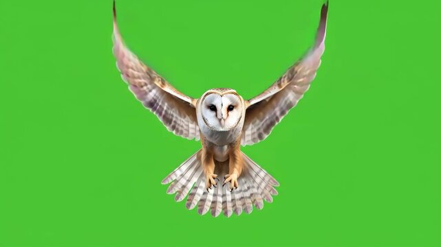 Flying Barn Owl on Green Screen Background
