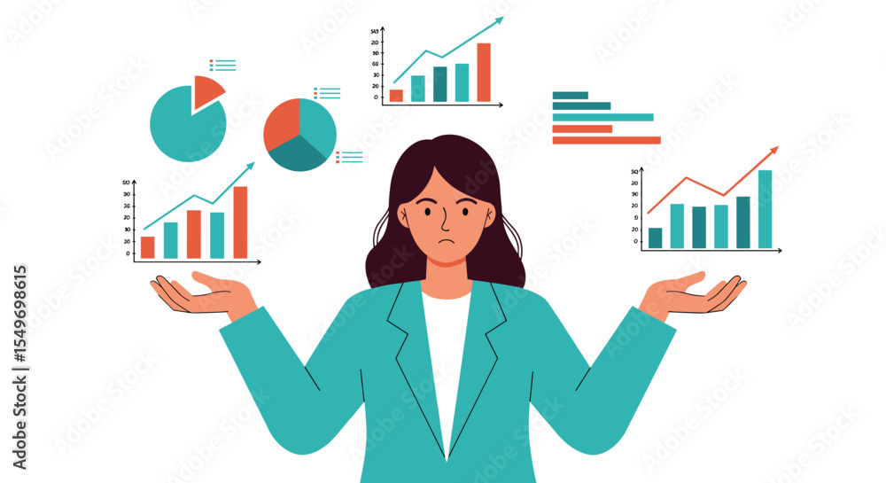 Poster business analysis concept with confused analyst and data charts for presentation design vector illus