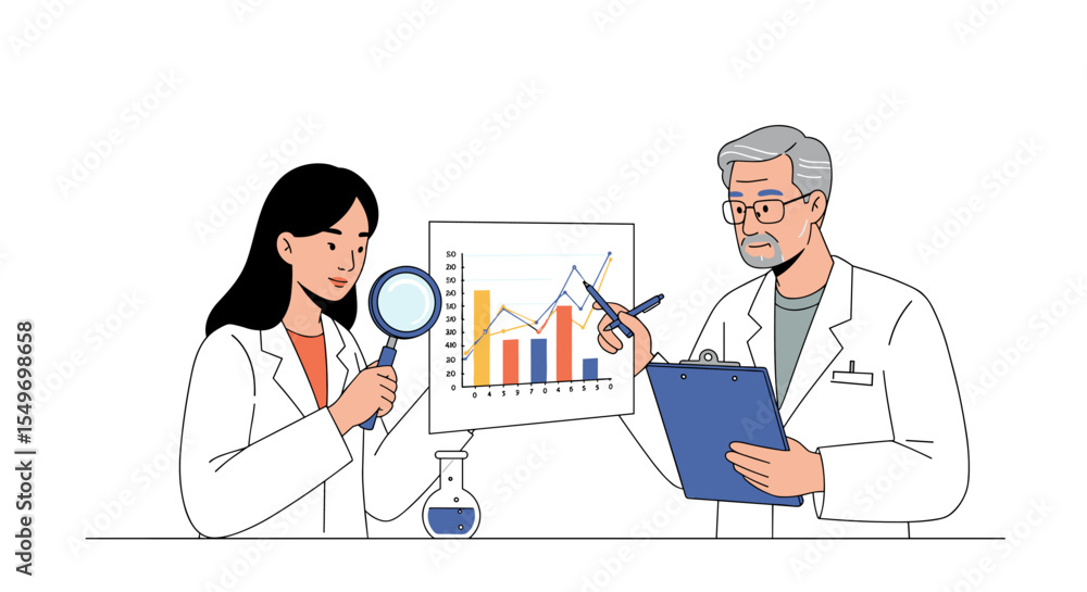 Poster scientists analyzing data with graphs for research and experimentation vector illustration