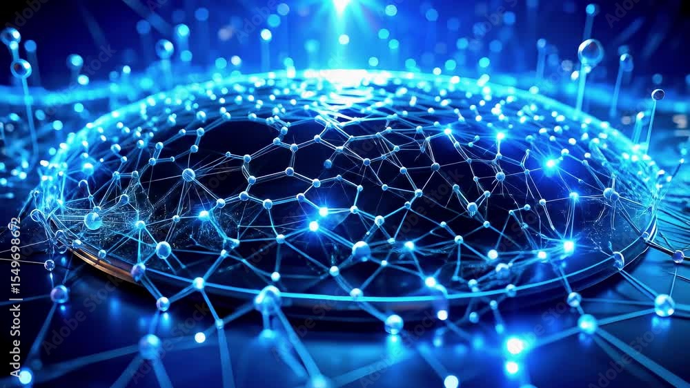 Poster close up of futuristic self healing nano material with glowing molecular structure background, showc