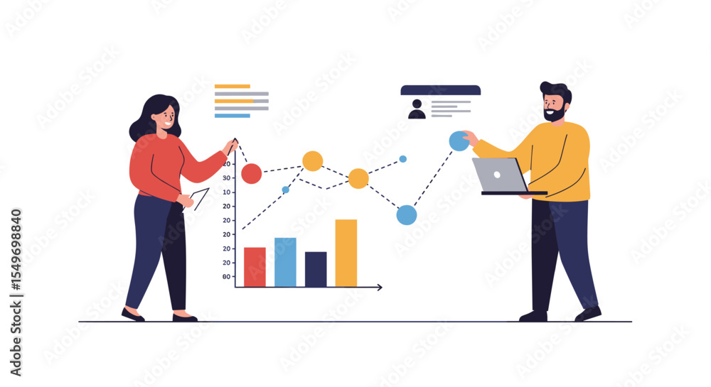 Aufkleber business data analysis with people using graphs and technology for effective decision making vector 