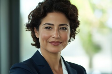 Fototapeta premium Smiling professional businesswoman in a suit with modern corporate background.