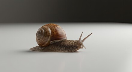 A snail with a brown shell protruding eyes and textured body against a gradient backdrop