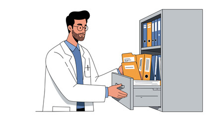 Medical professional organizing files in cabinet for efficient record management vector illustration