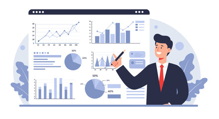 Fototapeta premium Business analytics presentation with graphs and charts for data analysis and strategy planning vector illustration