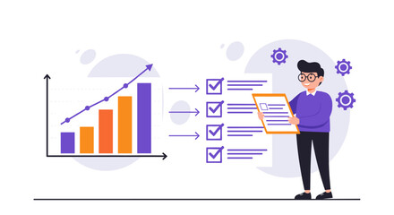 Business growth and productivity analysis with checklist and bar graph illustration vector illustration